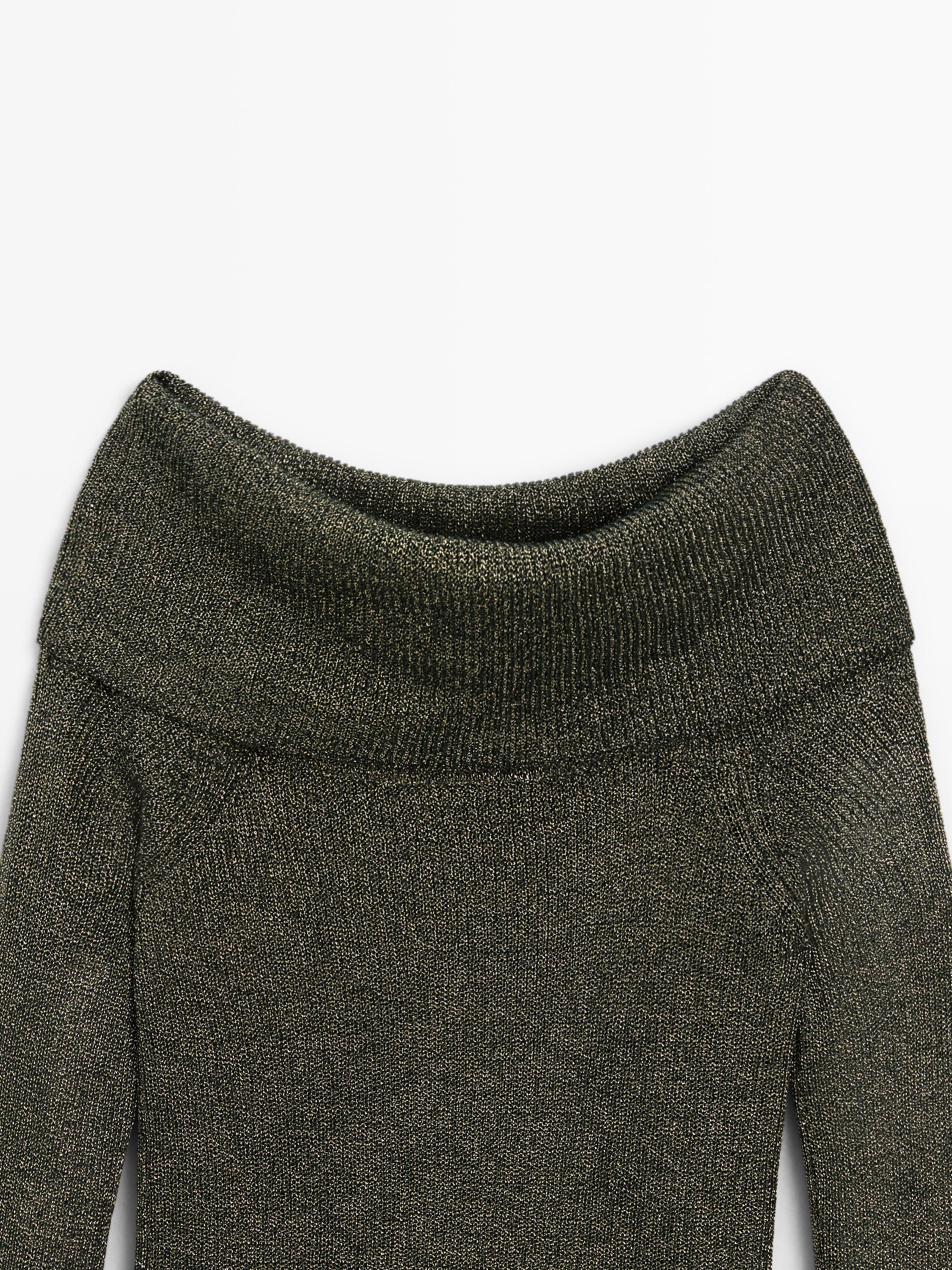 Off-the-shoulder knit sweater with metallic finish